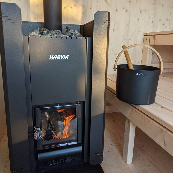 Harvia Linear 16 17.9k Wood Burning Stove Package w/ Chimney Kit, Protective Bedding, Sheath, Stones
