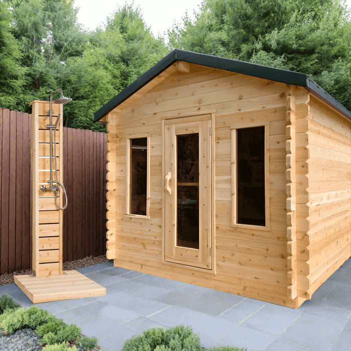 Dundalk Georgian Outdoor Cabin Sauna Kit w/ Changing Room + Scandia Gas Sauna Heater (Propane/Natural Gas)