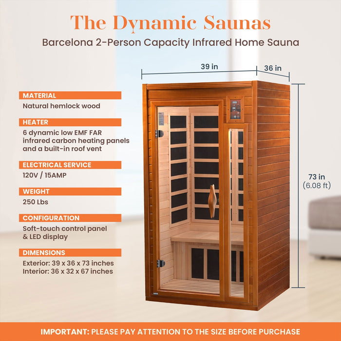 Dynamic Barcelona 1-2-person Low EMF FAR Indoor Infrared Sauna + Red Light Therapy | DYN-6106-01