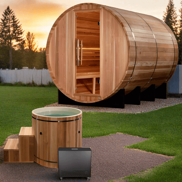 Golden Designs Klosters 6-Person Outdoor Barrel Sauna & Harvia Traditional Electric Heater Kit | GDI-B006-01