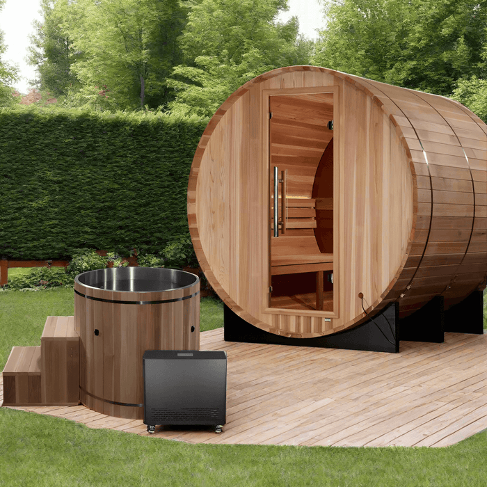 Golden Designs Zurich 4-Person Outdoor Barrel Sauna w/ Panoramic Rear Window & Harvia Traditional Electric Heater Kit | GDI-B024-01