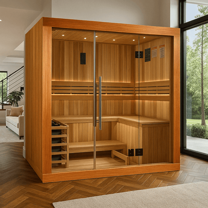 Golden Designs Copenhagen 3-Person Indoor Sauna & Harvia Traditional Electric Heater Kit | GDI-7389-02