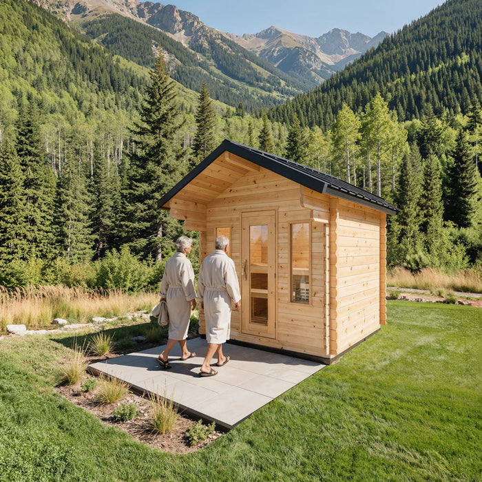 Dundalk Leisurecraft Canadian Timber 4 Person Palmer Outdoor Traditional Cabin Sauna With Roof Overhang | CTC68E