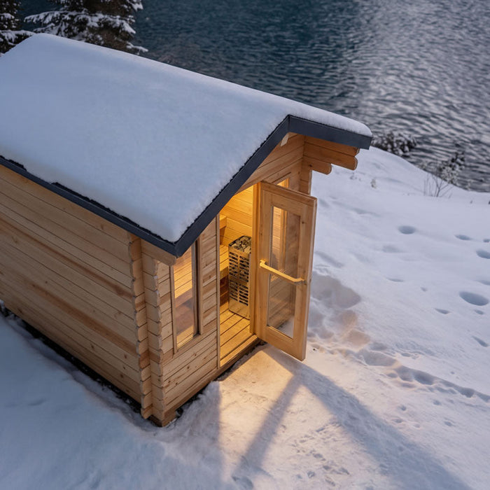 Dundalk Leisurecraft Canadian Timber 4 Person Palmer Outdoor Traditional Cabin Sauna With Roof Overhang | CTC68E
