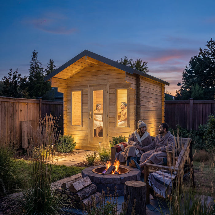 Dundalk Leisurecraft Canadian Timber 4 Person Palmer Outdoor Traditional Cabin Sauna With Roof Overhang | CTC68E
