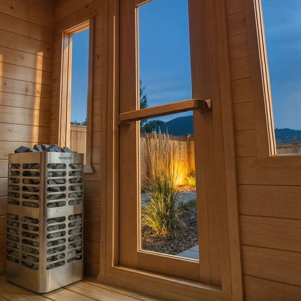 Dundalk Leisurecraft Canadian Timber 4 Person Palmer Outdoor Traditional Cabin Sauna With Roof Overhang | CTC68E