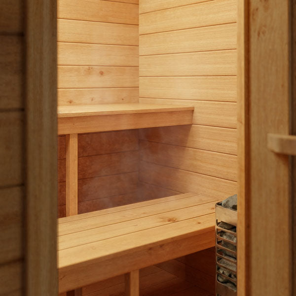 Dundalk Leisurecraft Canadian Timber 4 Person Palmer Outdoor Traditional Cabin Sauna With Roof Overhang | CTC68E