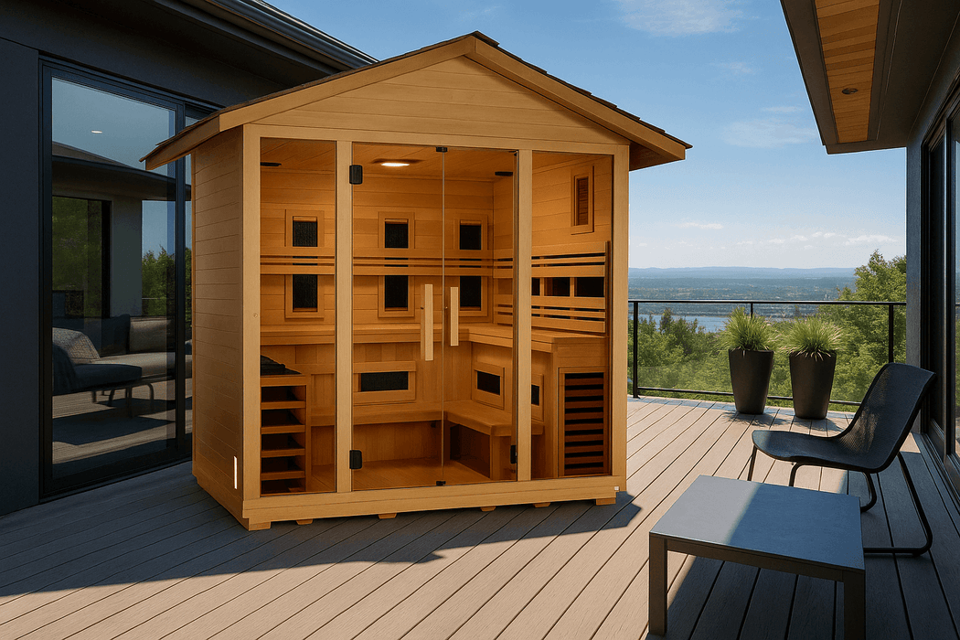 Golden Designs Gargellen 5-Person Hybrid Outdoor Sauna w/ Full Spectrum Infrared & Harvia Traditional Electric Heater Kit + Red Light Therapy | GDI‐8125‐01