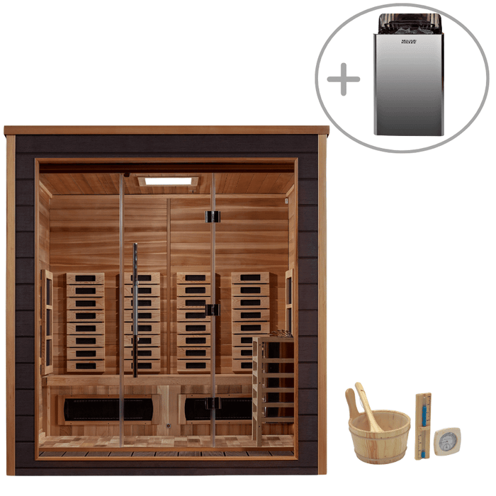 Golden Designs Visby 3-Person Hybrid Outdoor Sauna w/ Full Spectrum Infrared & Harvia Traditional Electric Heater + Red Light Therapy Kit | GDI-8223-01