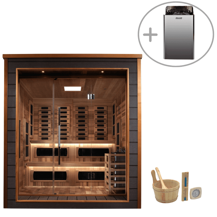Golden Designs Karlstad 6-Person Hybrid Outdoor Sauna w/ Full Spectrum Infrared & Harvia Traditional Electric Heater + Red Light Therapy Kit | GDI-8226-01