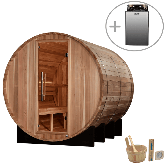 Golden Designs Klosters 6-Person Outdoor Barrel Sauna & Harvia Traditional Electric Heater Kit | GDI-B006-01