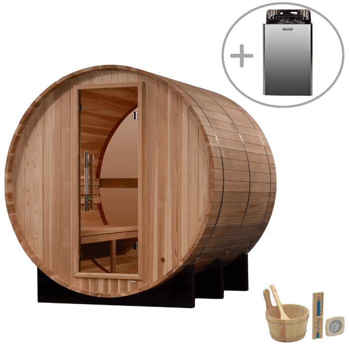 Golden Designs Zurich 4-Person Outdoor Barrel Sauna w/ Panoramic Rear Window & Harvia Traditional Electric Heater Kit | GDI-B024-01
