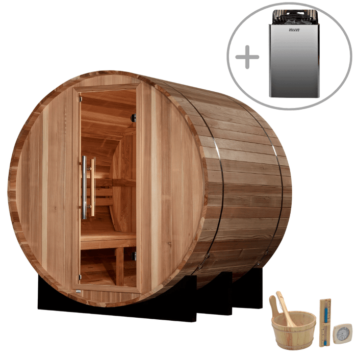 Golden Designs St. Moritz 2-4 Person Outdoor Barrel Sauna & Harvia Traditional Electric Heater Kit | GDI-B002-01