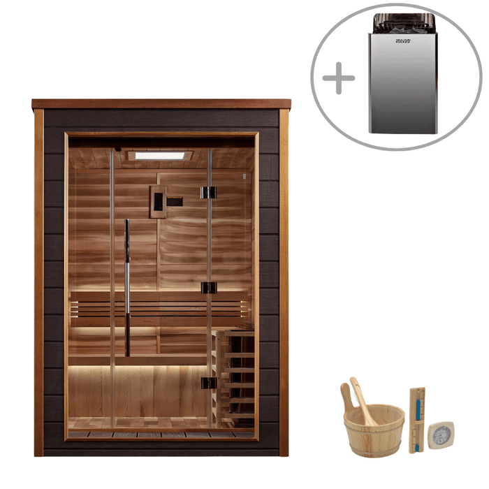 Golden Designs Narvik 2-Person Cedar Outdoor Sauna & Harvia Traditional Electric Heater Kit + Red Light Therapy | GDI-8202-01