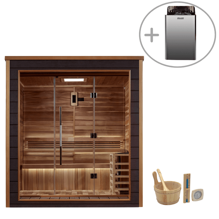 Golden Designs Drammen 3-Person Cedar Outdoor Sauna & Harvia Traditional Electric Heater Kit + Red Light Therapy | GDI-8203-01