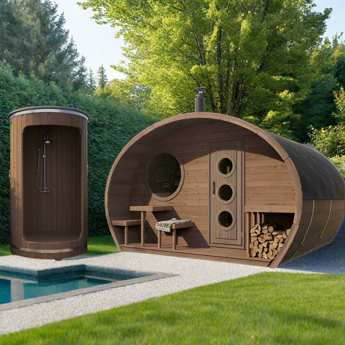 SaunaLife 8 Person Outdoor Traditional Barrel Sauna with Changeroom  | G11