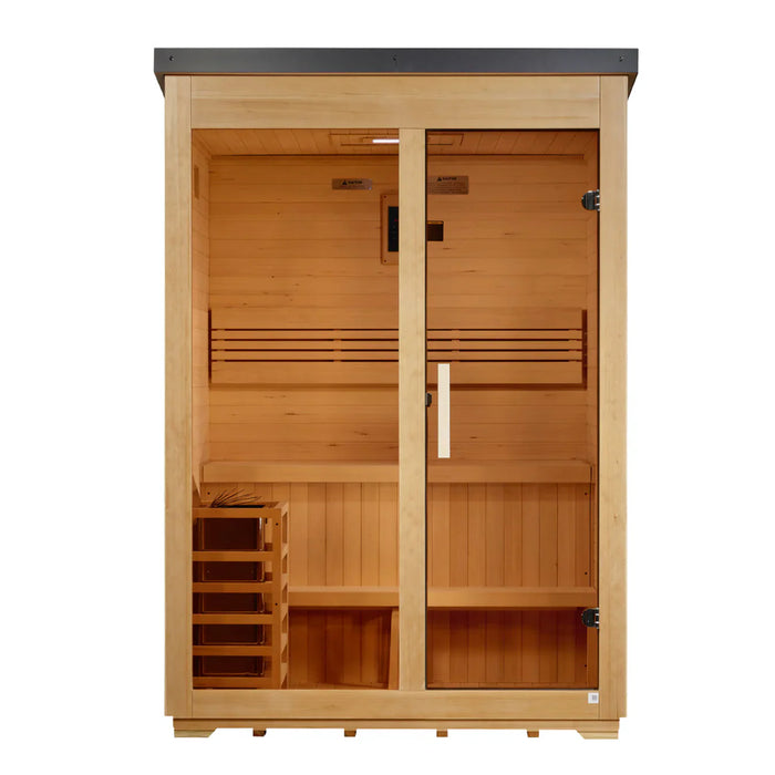Golden Designs Arlberg 3-Person Outdoor Sauna & Harvia Traditional Electric Heater Kit + Red Light Therapy | Flat Roof GDI-8003-01