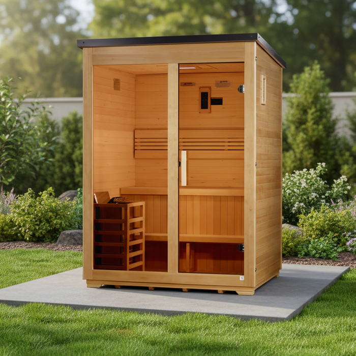 Golden Designs Arlberg 3-Person Outdoor Sauna & Harvia Traditional Electric Heater Kit + Red Light Therapy | Flat Roof GDI-8003-01