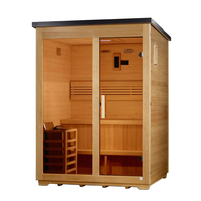 Golden Designs Arlberg 3-Person Outdoor Sauna & Harvia Traditional Electric Heater Kit + Red Light Therapy | Flat Roof GDI-8003-01