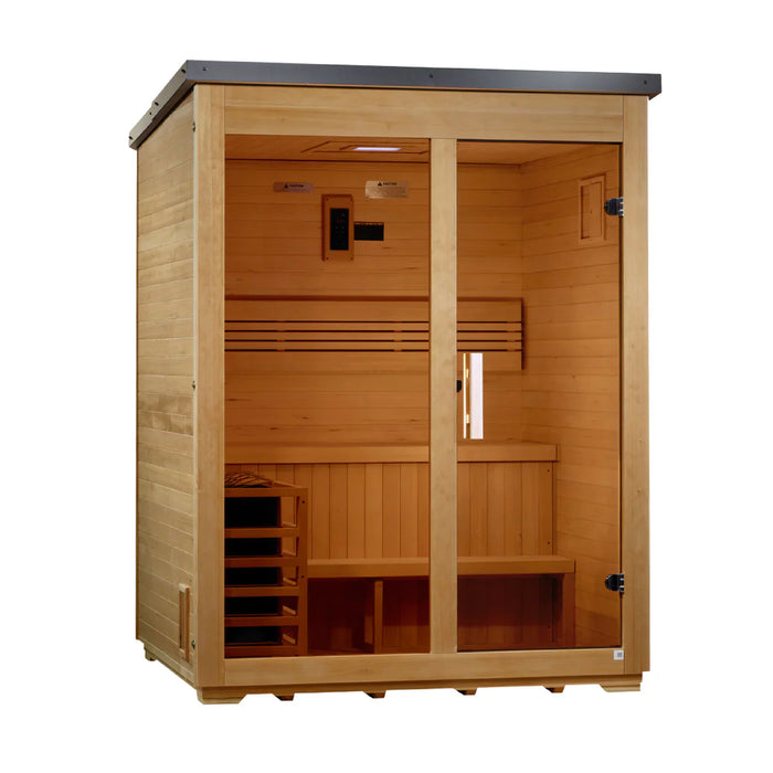 Golden Designs Arlberg 3-Person Outdoor Sauna & Harvia Traditional Electric Heater Kit + Red Light Therapy | Flat Roof GDI-8003-01