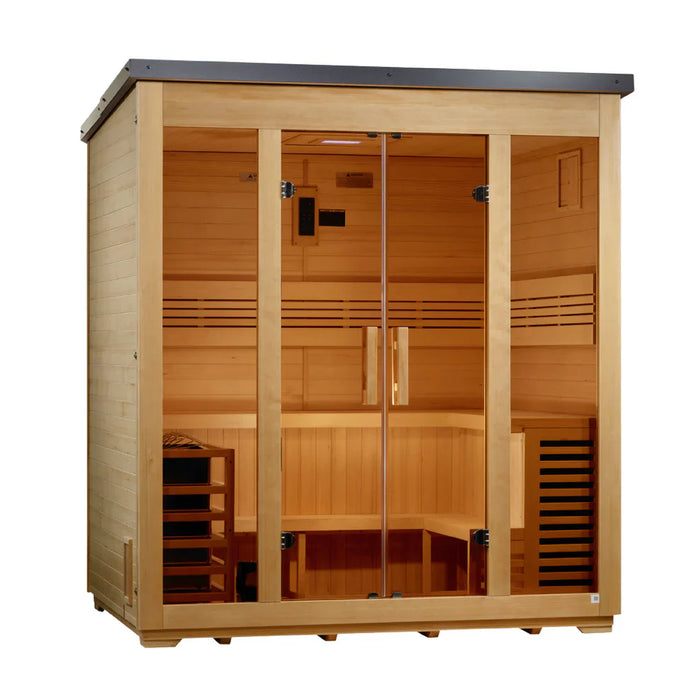 Golden Designs Vorarlberg 5-Person Outdoor Sauna & Harvia Traditional Electric Heater Kit + Red Light Therapy | Flat Roof GDI-8005-01