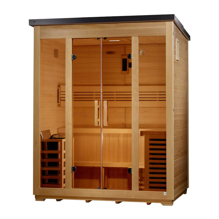 Golden Designs Vorarlberg 5-Person Outdoor Sauna & Harvia Traditional Electric Heater Kit + Red Light Therapy | Flat Roof GDI-8005-01