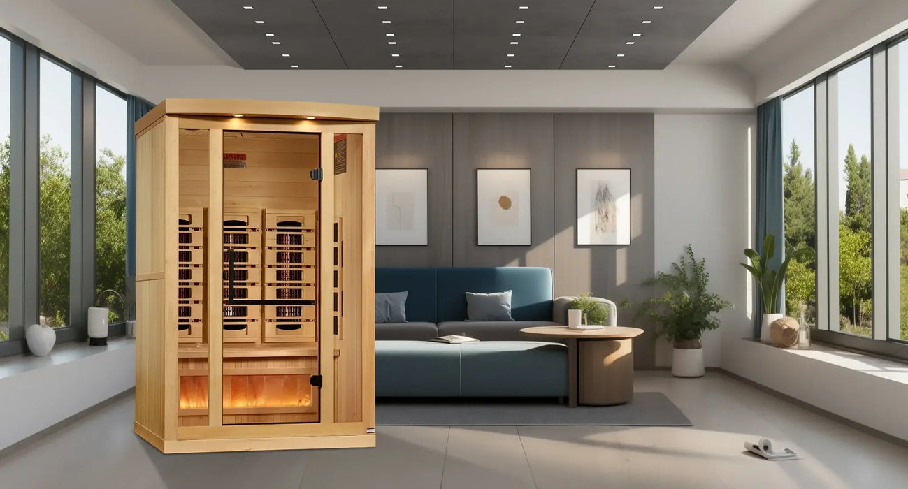Golden Designs 2-Person Full Spectrum Near Zero EMF Indoor Infrared Sauna + Red Light Therapy & Himalayan Salt Bar | GDI-8020-03