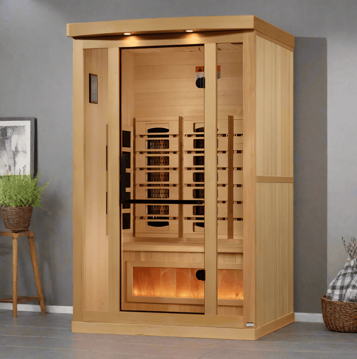 Golden Designs 2-Person Full Spectrum Near Zero EMF Indoor Infrared Sauna + Red Light Therapy & Himalayan Salt Bar | GDI-8020-03