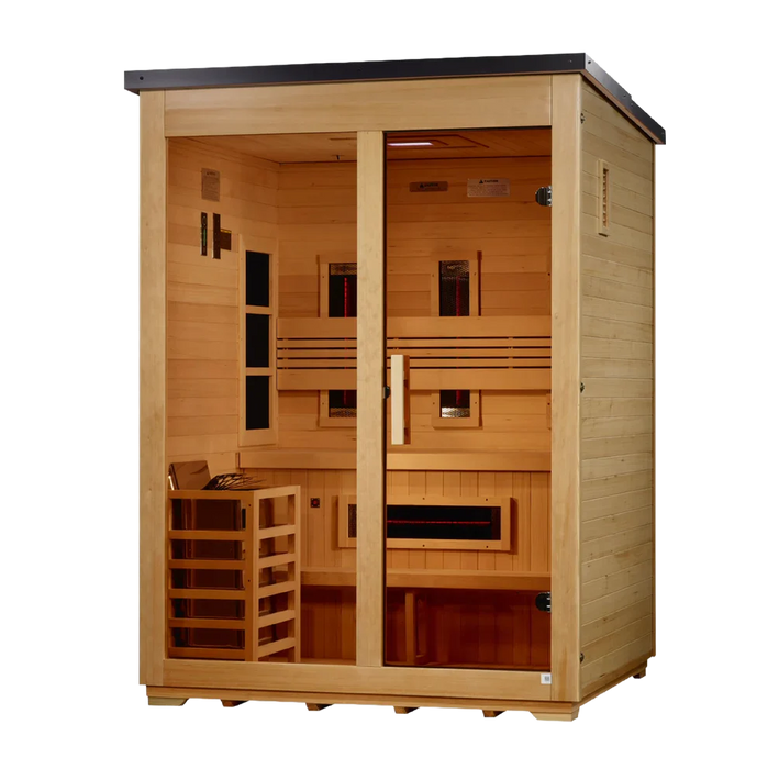 Golden Designs Carinthia 3-Person Hybrid Outdoor Sauna w/ Full Spectrum Indoor Infrared & Harvia Traditional Electric Heater Kit + Red Light Therapy | Flat Roof GDI-8023-01