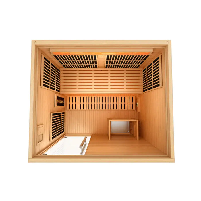 Golden Designs Soria 3-Person Hybrid Indoor Sauna w/ Full Spectrum Infrared & Harvia Traditional Electric Heater + Red Light Therapy Kit | GDI-8330-01