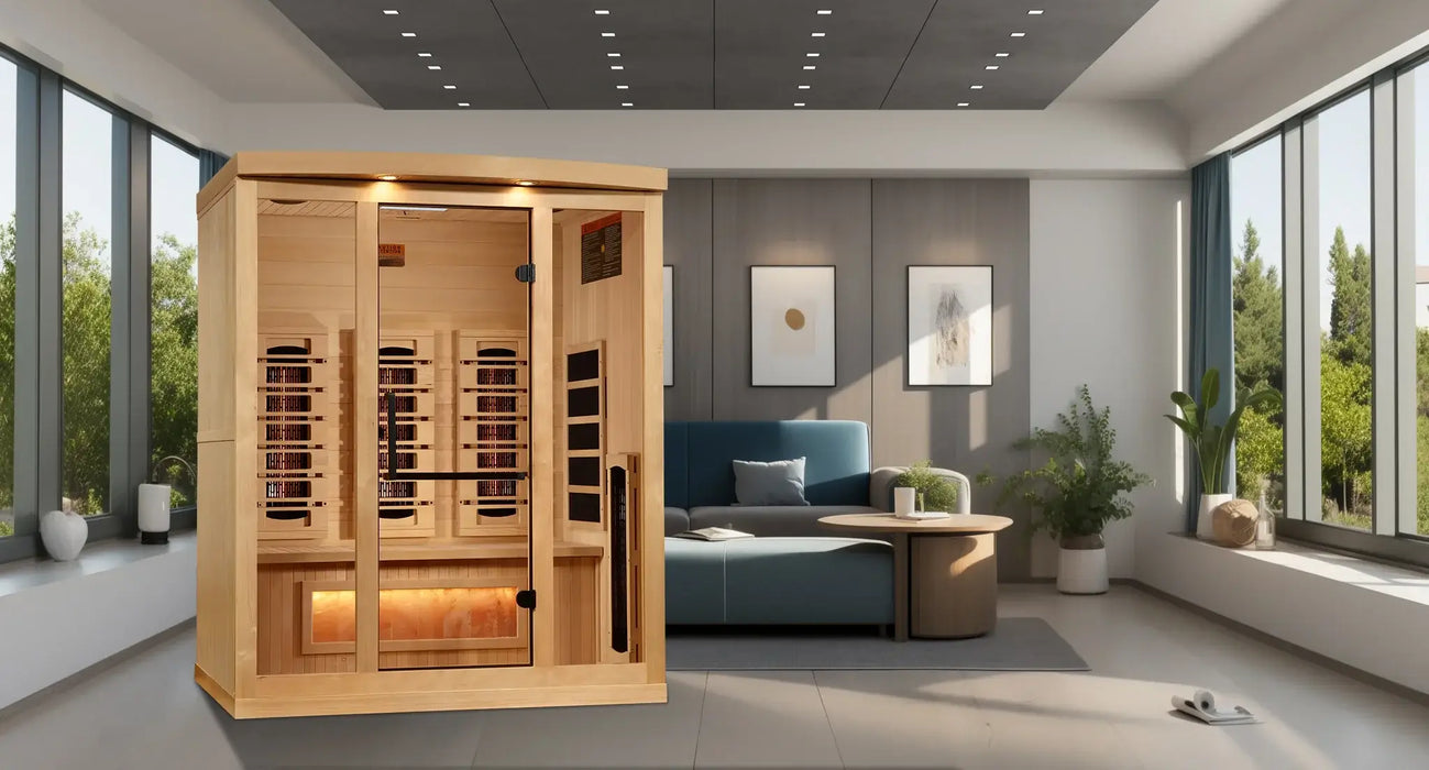 Golden Designs 3-Person Full Spectrum Near Zero EMF Indoor Infrared Sauna + Red Light Therapy & Himalayan Salt Bar | GDI-8030-03