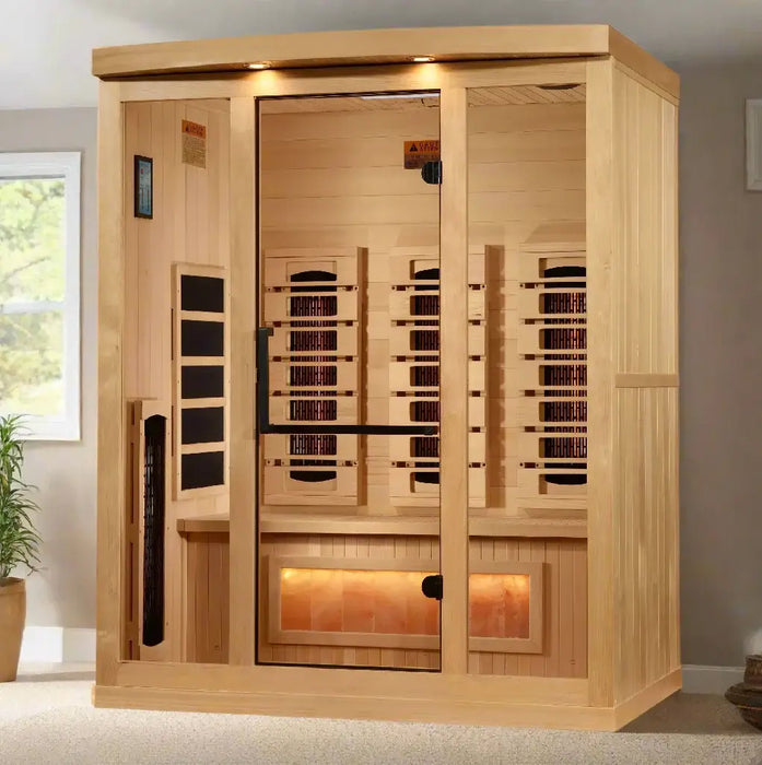 Golden Designs 3-Person Full Spectrum Near Zero EMF Indoor Infrared Sauna + Red Light Therapy & Himalayan Salt Bar | GDI-8030-03