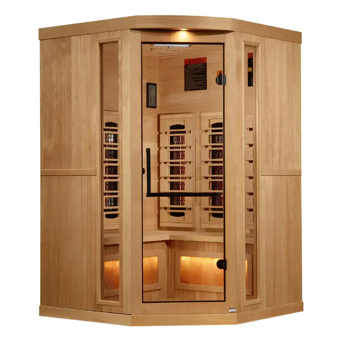 Golden Designs 3-Person Corner Full Spectrum Near Zero EMF Indoor Infrared Sauna + Red Light Therapy & Himalayan Salt Bar | GDI-8035-03