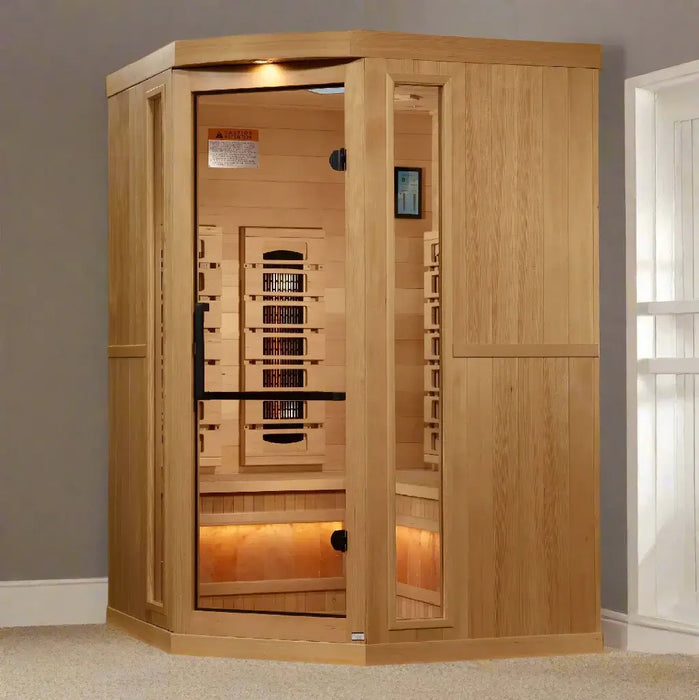 Golden Designs 3-Person Corner Full Spectrum Near Zero EMF Indoor Infrared Sauna + Red Light Therapy & Himalayan Salt Bar | GDI-8035-03