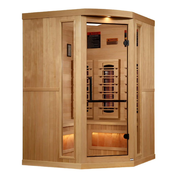 Golden Designs 3-Person Corner Full Spectrum Near Zero EMF Indoor Infrared Sauna + Red Light Therapy & Himalayan Salt Bar | GDI-8035-03