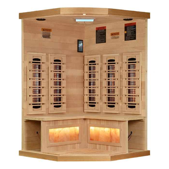 Golden Designs 3-Person Corner Full Spectrum Near Zero EMF Indoor Infrared Sauna + Red Light Therapy & Himalayan Salt Bar | GDI-8035-03