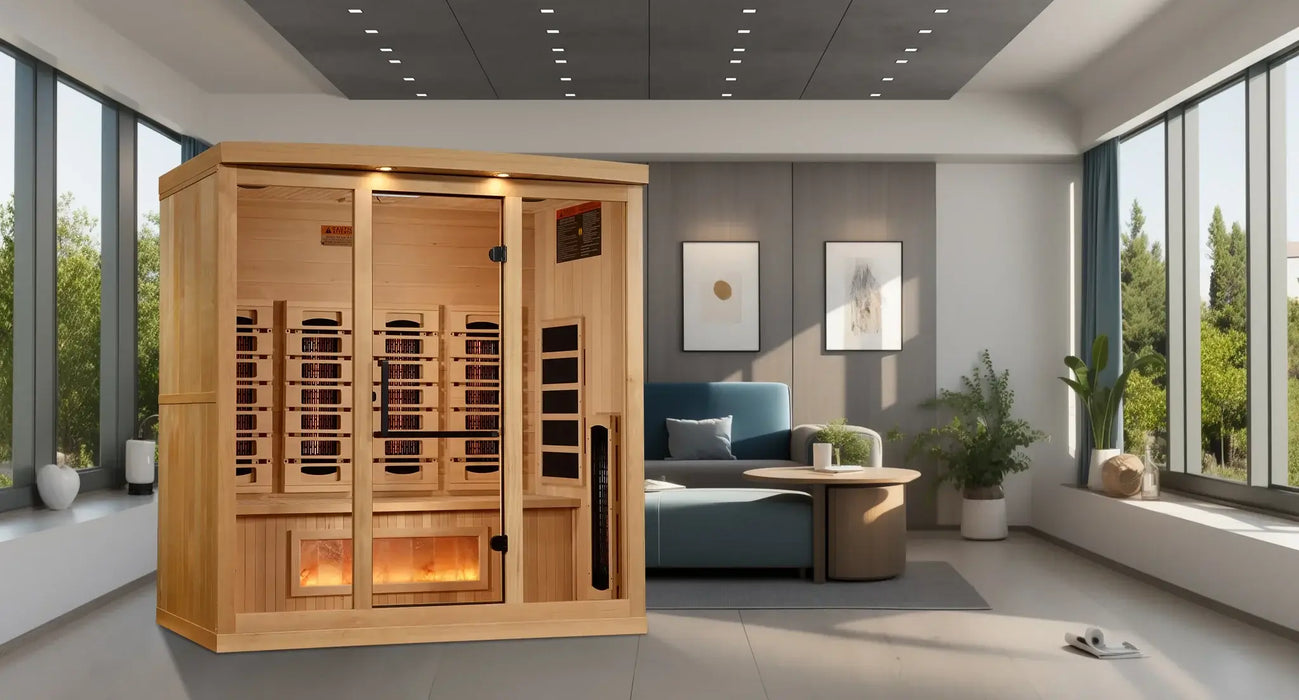 Golden Designs 4-Person Full Spectrum Near Zero EMF Indoor Infrared Sauna + Red Light Therapy & Himalayan Salt Bar | GDI-8040-03
