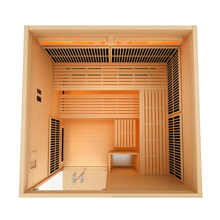 Golden Designs Toledo 6-Person Hybrid Indoor Sauna w/ Full Spectrum Infrared & Harvia Traditional Electric Heater + Red Light Therapy Kit | GDI-8360-01