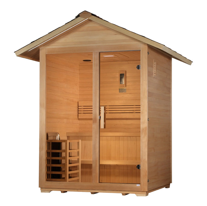 Golden Designs Arlberg 3-Person Outdoor Sauna & Harvia Traditional Electric Heater Kit + Red Light Therapy | GDI-8103-01