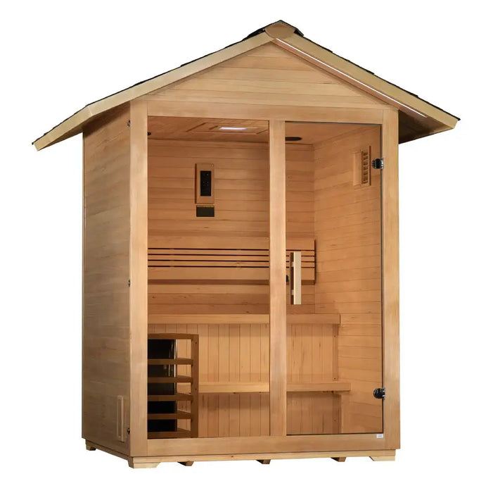 Golden Designs Arlberg 3-Person Outdoor Sauna & Harvia Traditional Electric Heater Kit + Red Light Therapy | GDI-8103-01