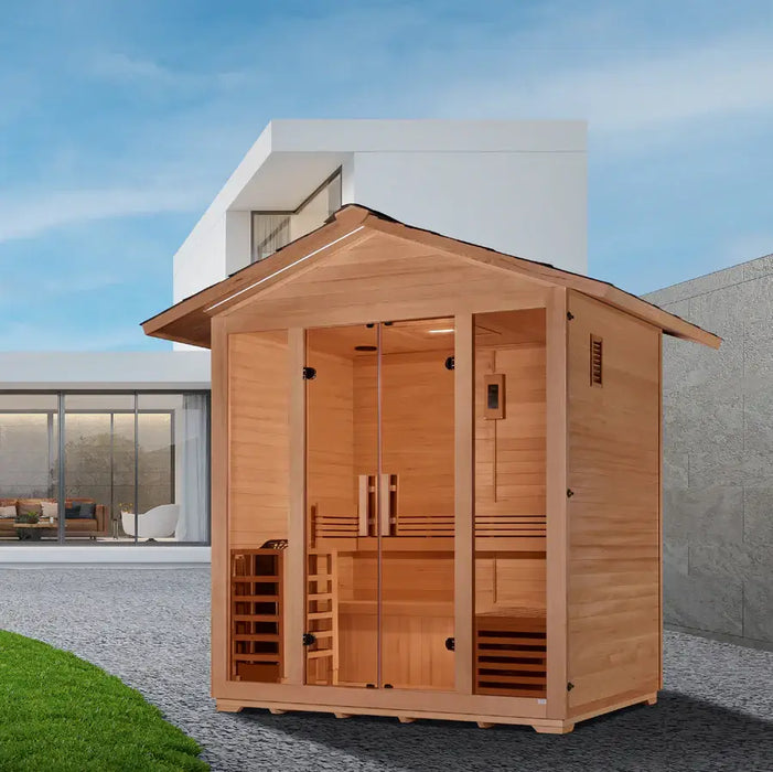 Golden Designs Vorarlberg 5-Person Outdoor Sauna & Harvia Traditional Electric Heater Kit + Red Light Therapy | GDI-8105-01