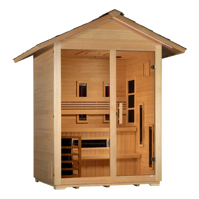Golden Designs Carinthia 3-Person Hybrid Outdoor Sauna w/ Full Spectrum Indoor Infrared & Harvia Traditional Electric Heater Kit + Red Light Therapy | GDI-8123-01