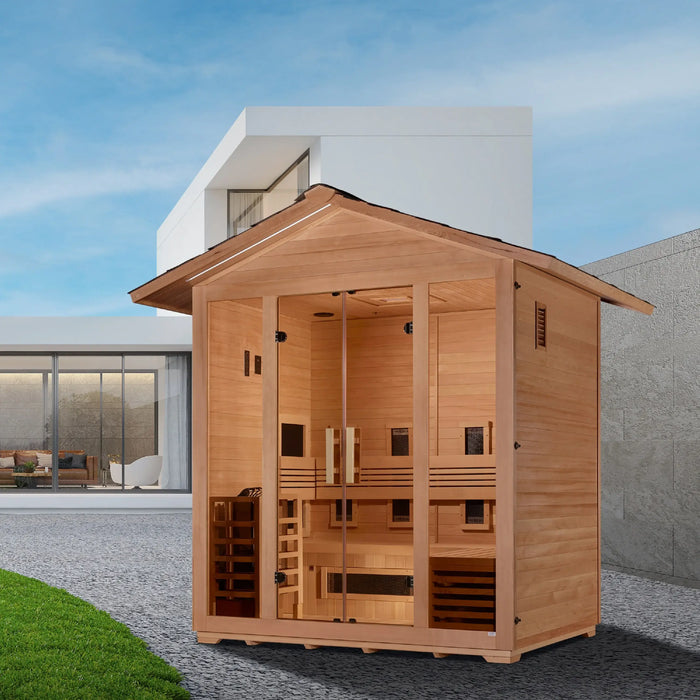 Golden Designs Gargellen 5-Person Hybrid Outdoor Sauna w/ Full Spectrum Infrared & Harvia Traditional Electric Heater Kit + Red Light Therapy | GDI‐8125‐01