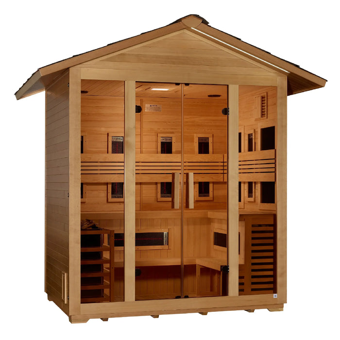 Golden Designs Gargellen 5-Person Hybrid Outdoor Sauna w/ Full Spectrum Infrared & Harvia Traditional Electric Heater Kit + Red Light Therapy | GDI‐8125‐01