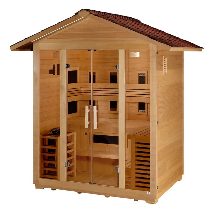 Golden Designs Gargellen 5-Person Hybrid Outdoor Sauna w/ Full Spectrum Infrared & Harvia Traditional Electric Heater Kit + Red Light Therapy | GDI‐8125‐01