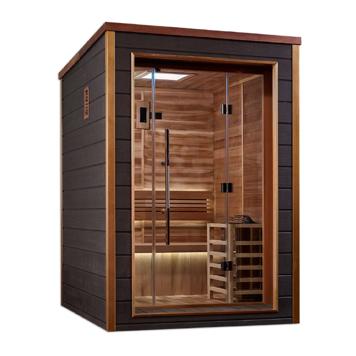 Golden Designs Narvik 2-Person Cedar Outdoor Sauna & Harvia Traditional Electric Heater Kit + Red Light Therapy | GDI-8202-01
