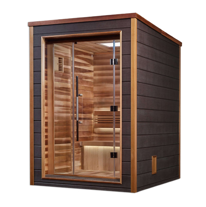 Golden Designs Narvik 2-Person Cedar Outdoor Sauna & Harvia Traditional Electric Heater Kit + Red Light Therapy | GDI-8202-01