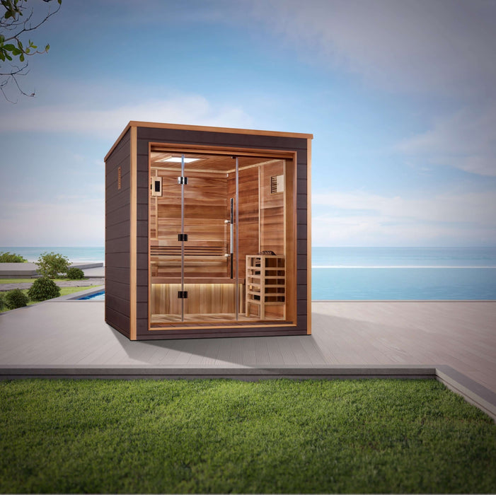 Golden Designs Drammen 3-Person Cedar Outdoor Sauna & Harvia Traditional Electric Heater Kit + Red Light Therapy | GDI-8203-01