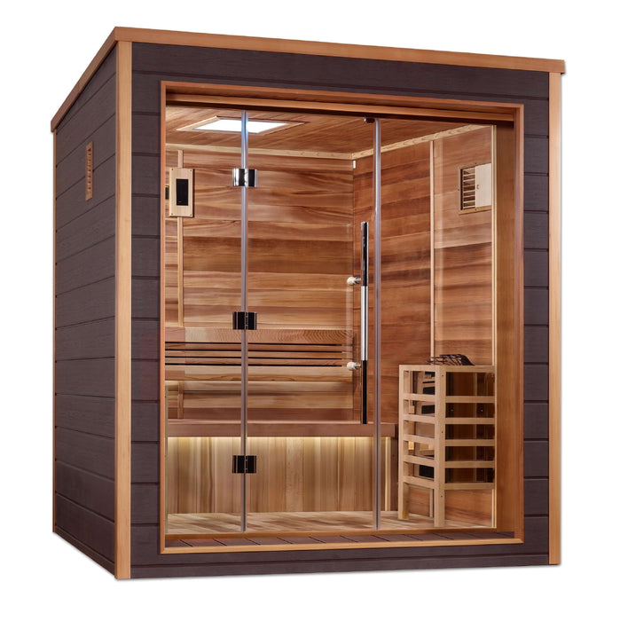 Golden Designs Drammen 3-Person Cedar Outdoor Sauna & Harvia Traditional Electric Heater Kit + Red Light Therapy | GDI-8203-01