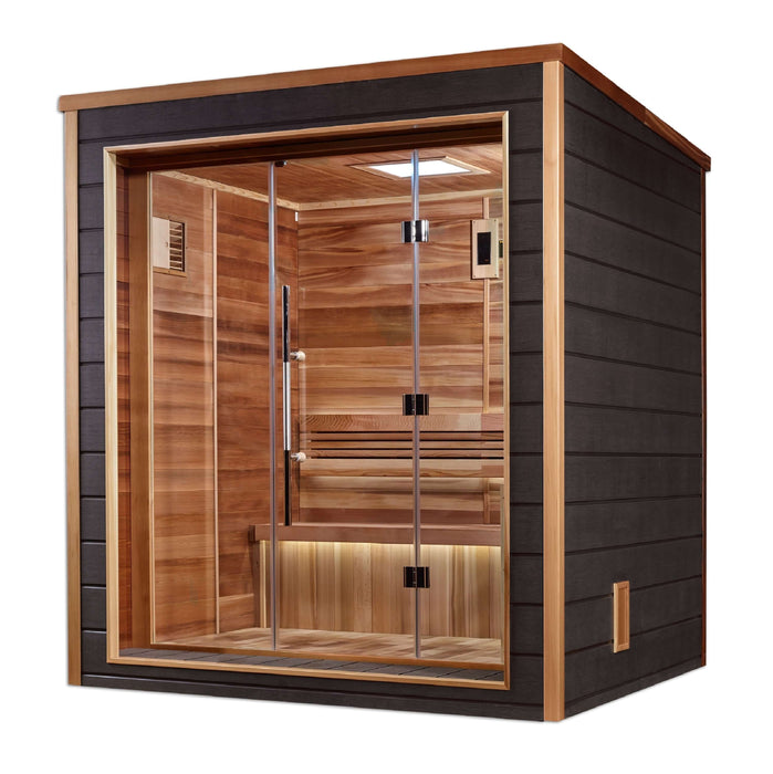 Golden Designs Drammen 3-Person Cedar Outdoor Sauna & Harvia Traditional Electric Heater Kit + Red Light Therapy | GDI-8203-01